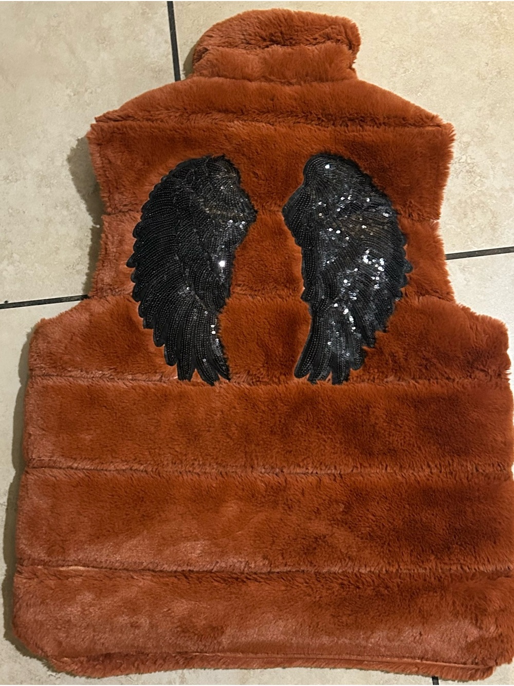 Max Alexander Rust Faux Fur Sleeveless Vest with Black Sequin Wing Detail